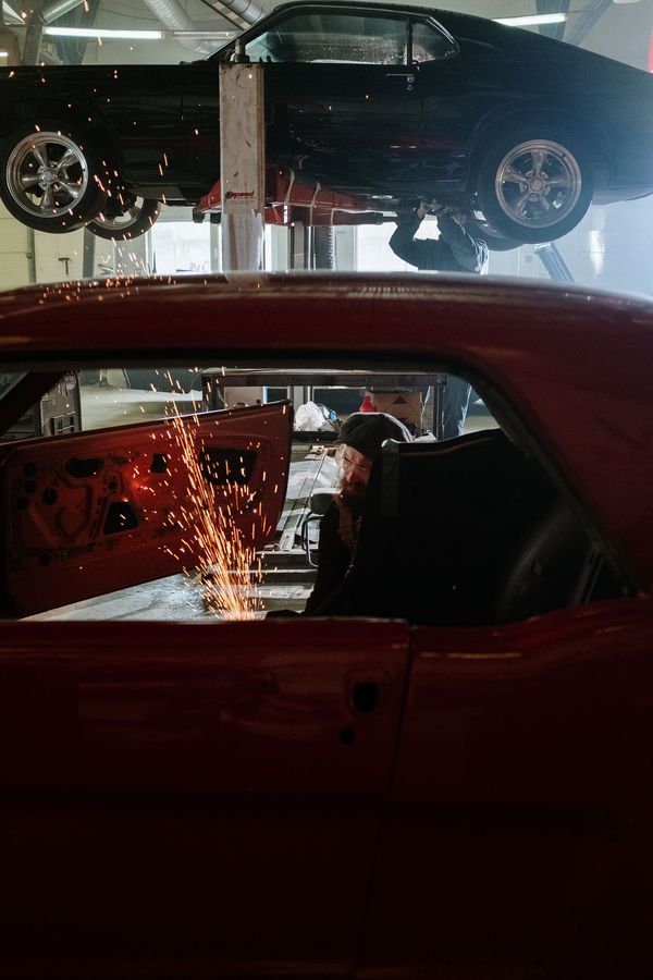 Bodywork in progress on a restoration project in the workshop