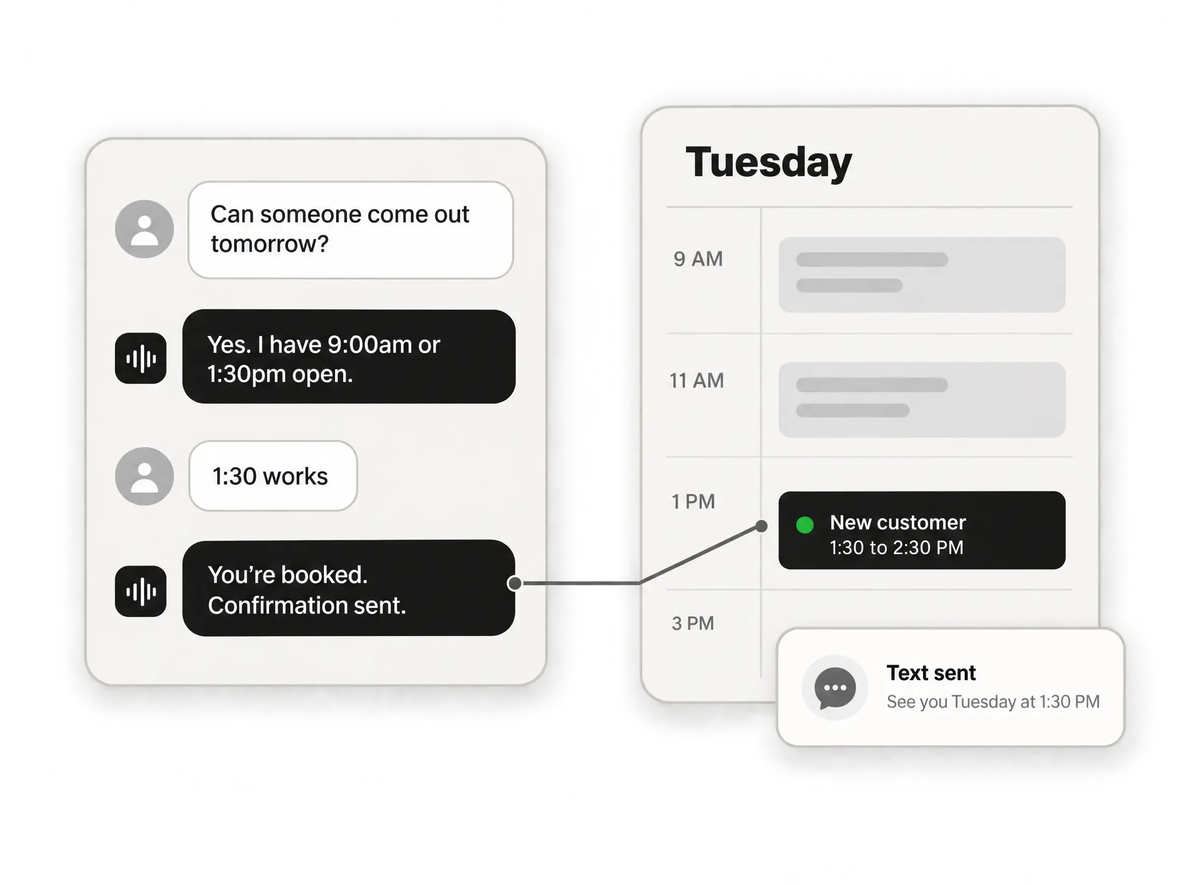 A text conversation where GT Voice offers times and books the customer onto the calendar, then sends a confirmation