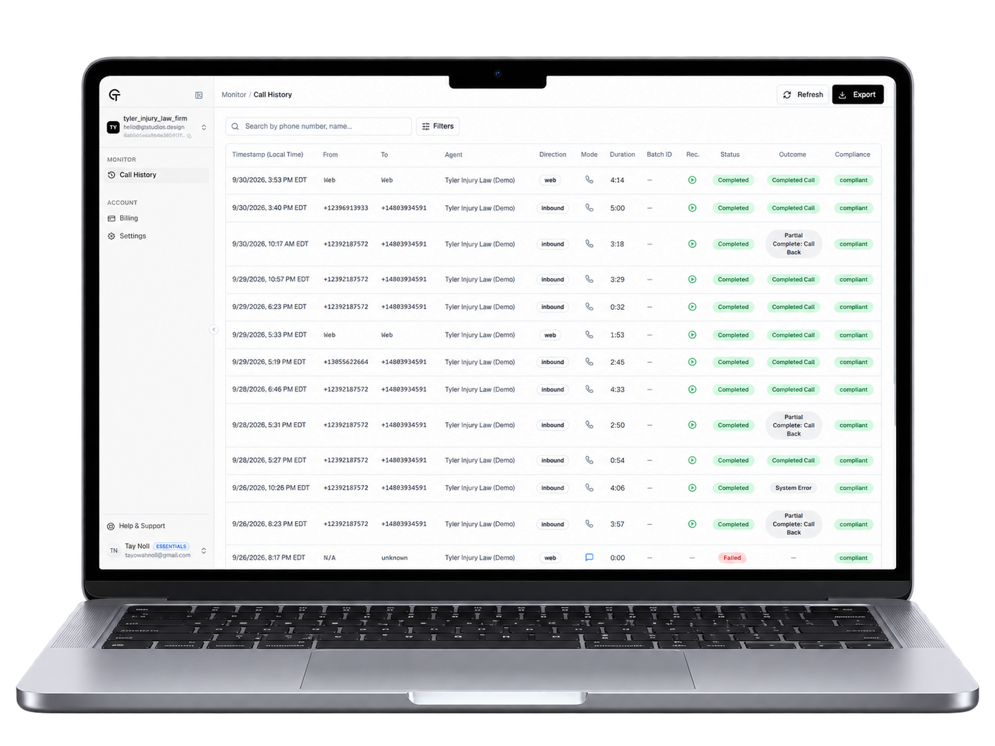 The GT Voice workspace showing call history with timestamps, duration, status and outcome for every call